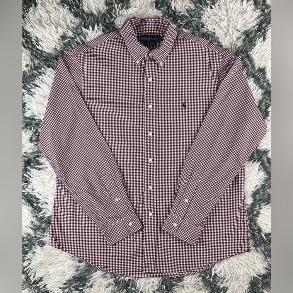 Ralph Lauren Men’s Burgundy White Custom Fit Long Sleeve Button Up Shirt Size XL